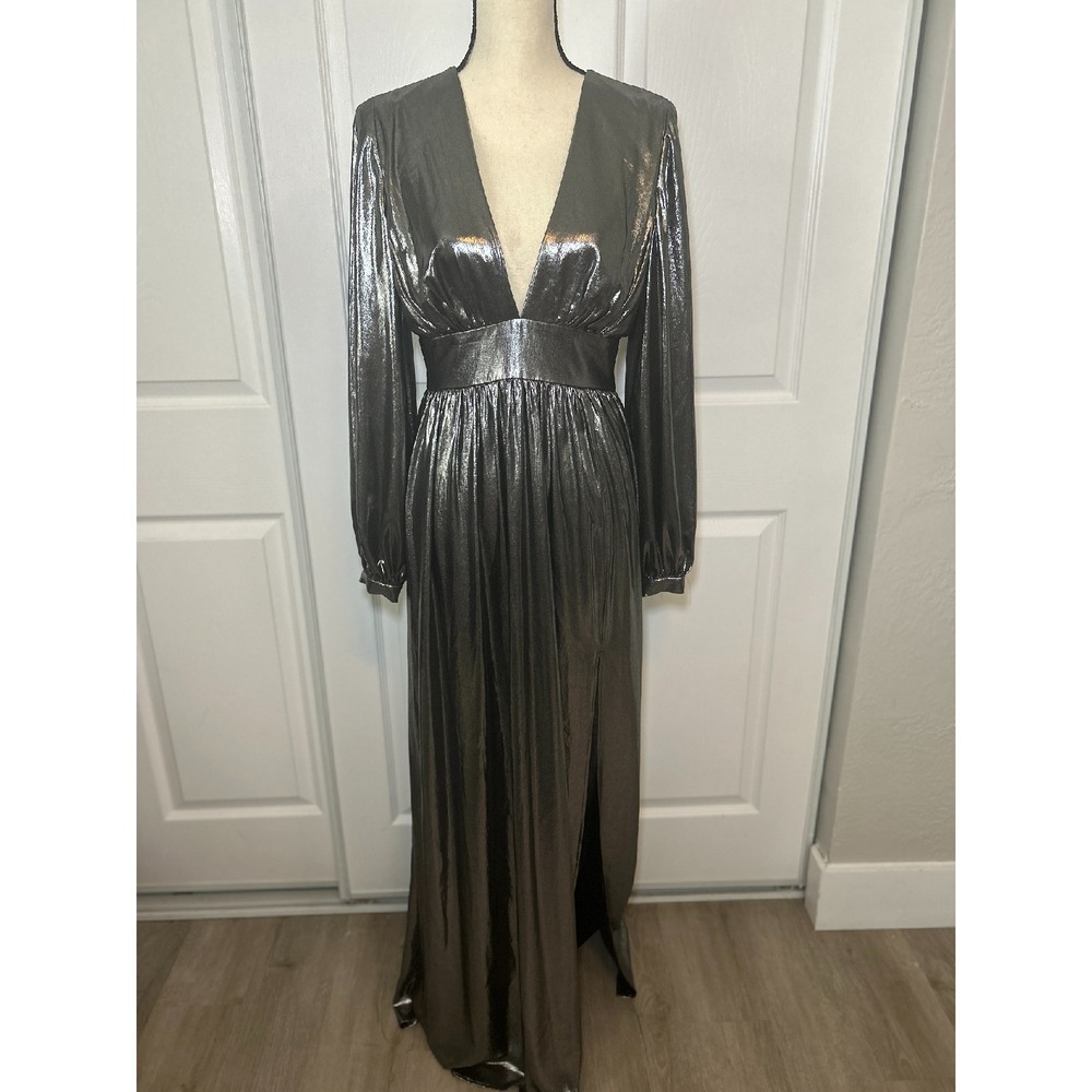 NWT Gianni‎ Bini Zella Metallic Lame Long Sleeve Maxi Dress Deep V Back Size 4